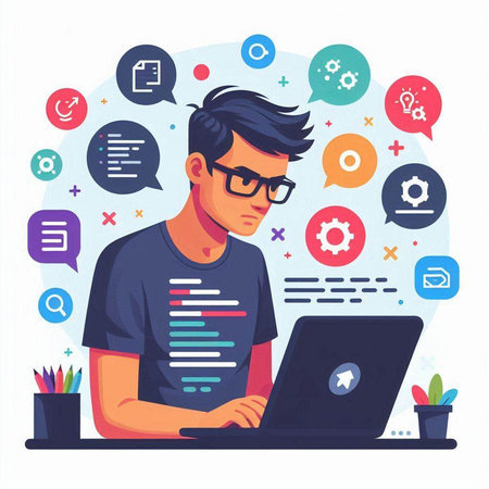 Young man working on laptop. Vector illustration in a flat style.のイラスト素材