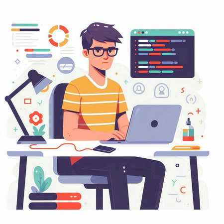 Young man working on laptop at home. Freelance work concept. Vector illustration.