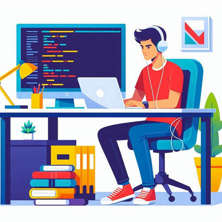 Programmer working at home. Man programmer in headphones and headphones sitting at desk with laptop...