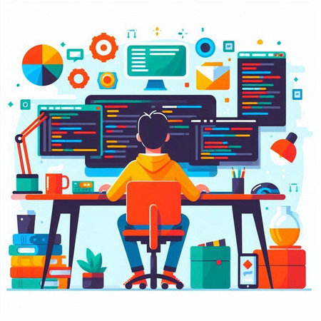 Programmer working with computer. Programmer at work. Flat vector illustrationのイラスト素材