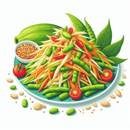 Spicy papaya salad with green beans and tomatoes. Vector illustration.のイラスト素材