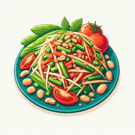 Papaya salad with green beans and tomatoes. Vector illustration.のイラスト素材