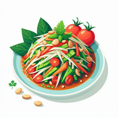Papaya salad with fresh vegetables and fruits. Vector illustration.のイラスト素材