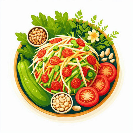 Somtum spicy papaya salad with fresh vegetables and spices. Vector illustrationのイラスト素材