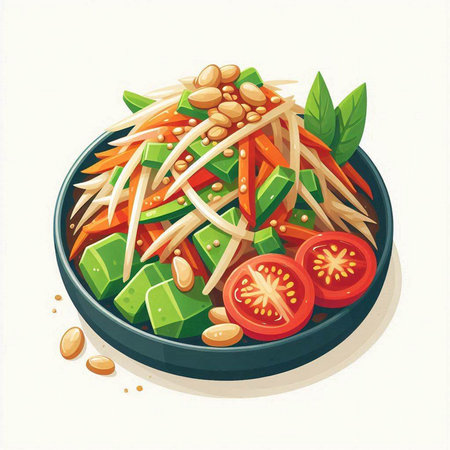 Illustration of spicy papaya salad with tomato, cucumber and sesame seeds in bowlのイラスト素材