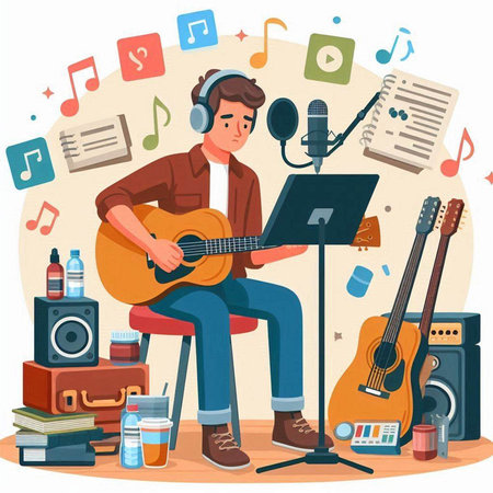 Man in headphones playing guitar and singing song. Vector cartoon illustration.のイラスト素材