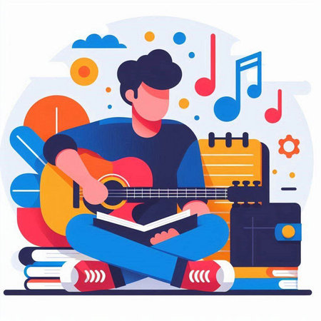 Man playing guitar and reading a book. Flat style vector illustration.のイラスト素材