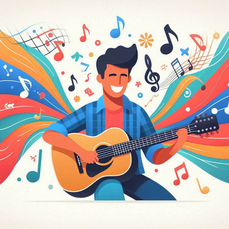 Young man playing guitar on colorful musical notes background. Vector illustration.のイラスト素材
