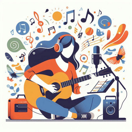 Vector illustration of a girl playing guitar and singing in the recording studio.のイラスト素材