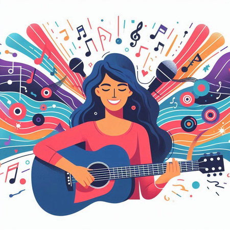 Vector illustration of a girl playing guitar and singing on a colorful backgroundのイラスト素材