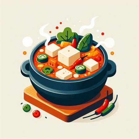 illustration of a hot pot with tofu, vegetables and spices.