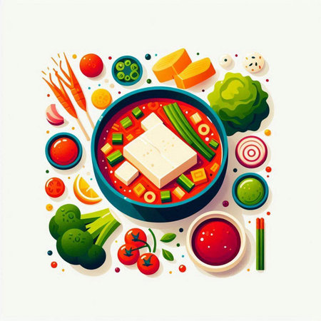 Vegetarian food vector illustration. Vegetable salad with tofu.のイラスト素材