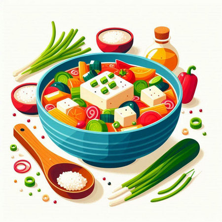Vegetable salad with tofu in blue bowl. Vector illustration.のイラスト素材