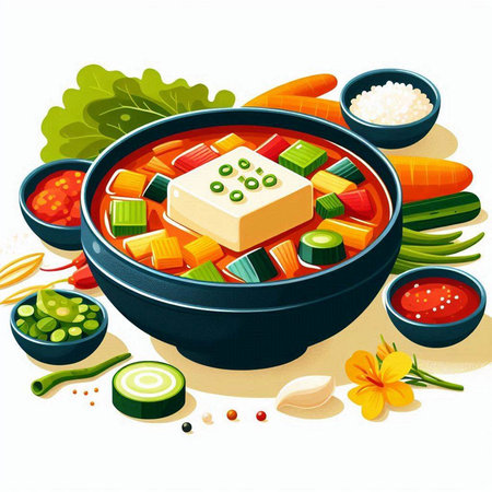 Vegetable soup with tofu, cucumber, carrot, onion and spices in a pan. Vector illustration.のイラスト素材