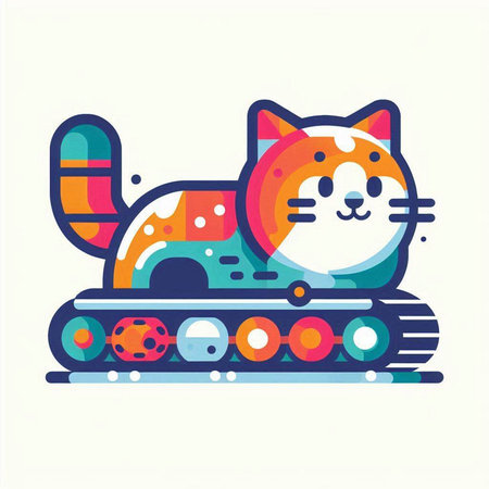 Cute cat on a conveyor belt. Vector illustration in flat style.のイラスト素材