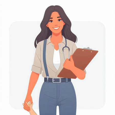 Female doctor or nurse holding clipboard. Vector illustration in cartoon style.のイラスト素材
