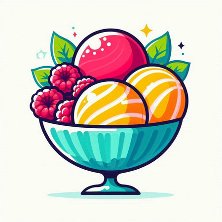 Ice cream in a bowl with berries and leaves. Vector illustration.のイラスト素材