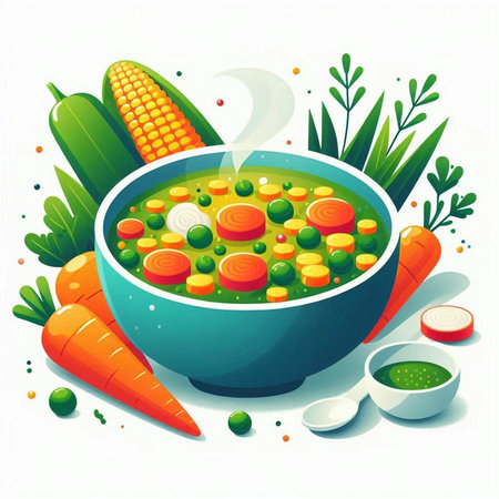 Vegetable soup in a bowl on a white background. Vector illustration.