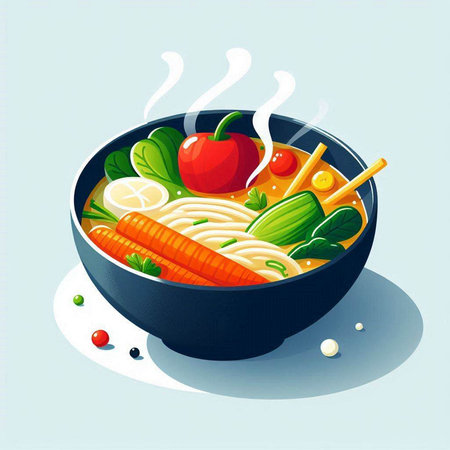 Noodle soup in a bowl. Vector illustration of Japanese noodle soup.