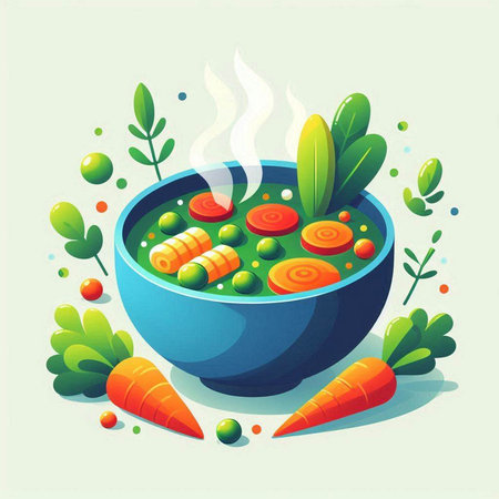 Vegetable soup in a bowl with carrots and greens. Vector illustration.のイラスト素材