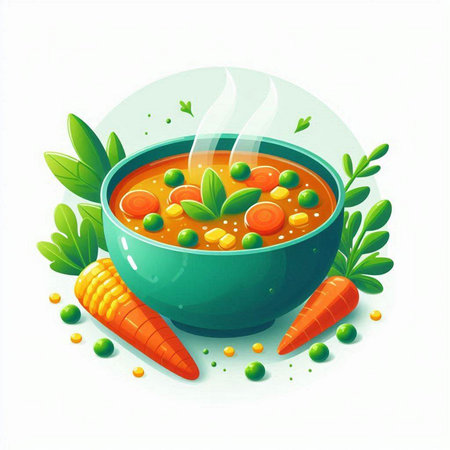Vegetable soup in a bowl with carrots and peas. Vector illustration.のイラスト素材