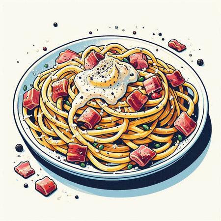 Spaghetti with bacon and fried egg on plate. Vector illustration.のイラスト素材