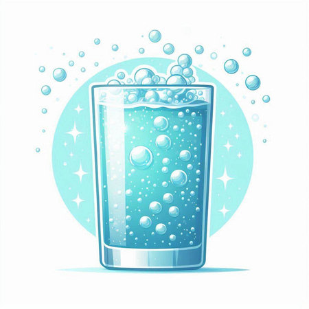 Glass of water with bubbles and stars isolated on white background. Vector illustration.のイラスト素材