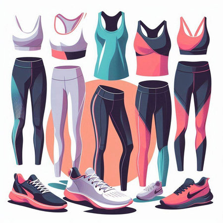 Fitness sportswear set, vector illustration. Sneakers, tank top, shorts, tank top, sneakers and tank top.のイラスト素材