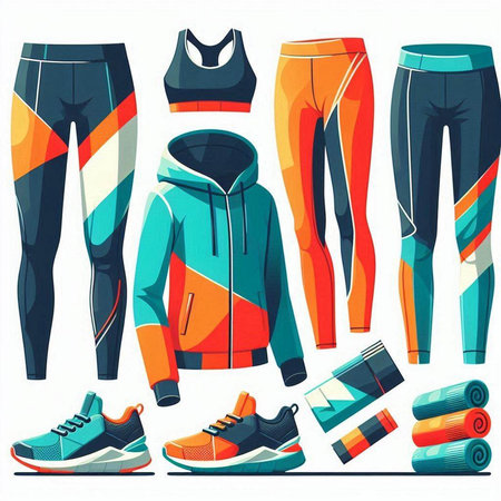 Set of sportswear. Sneakers, pants, jacket, sneakers. Vector illustrationのイラスト素材