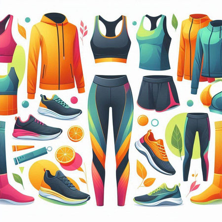 Set of colorful sport clothes, shoes and accessories. Vector illustration.のイラスト素材