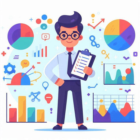 Businessman with clipboard and graphs. Vector illustration in a flat styleのイラスト素材
