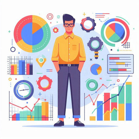 Businessman standing in front of infographics and charts. Vector illustration in flat styleのイラスト素材