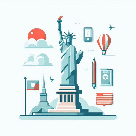 Statue of Liberty and travel icons set in flat style. Vector illustrationのイラスト素材