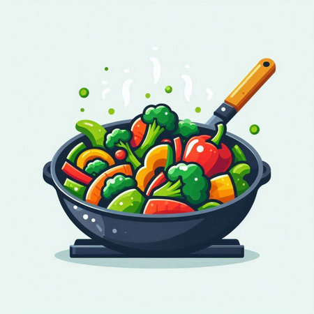 Vegetable stew in a wok. Vector illustration in cartoon style.のイラスト素材