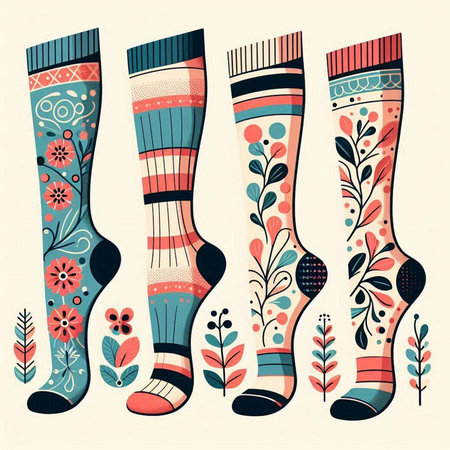 Set of colorful socks with floral ornament. Vector illustration in retro style.のイラスト素材