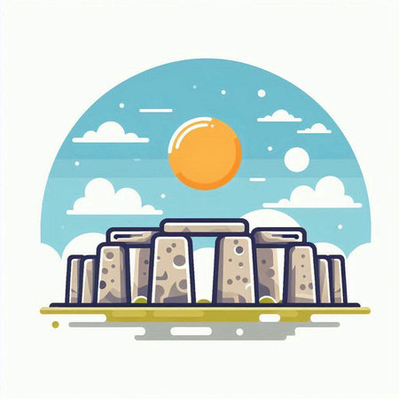 Stonehenge, vector illustration in flat style with sun and cloudsのイラスト素材