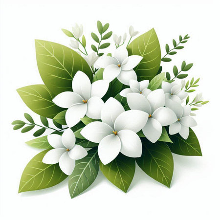 Bouquet of white flowers with green leaves. Vector illustration.のイラスト素材
