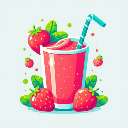 Strawberry smoothie in a glass with a straw. Vector illustration.のイラスト素材