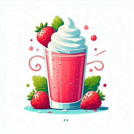 Strawberry milkshake with whipped cream and fresh berries. Vector illustration.のイラスト素材