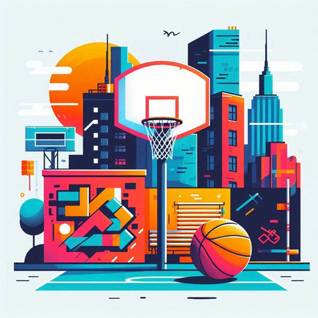 Basketball court in the city. Flat vector illustration. City landscape.