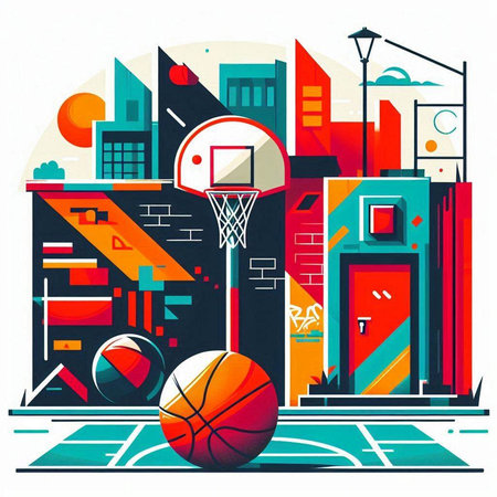 Basketball court and basketball ball in modern city background. Vector illustration.のイラスト素材