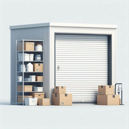 3D rendering of a warehouse with cardboard boxes and a white door
