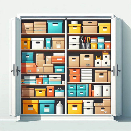 Open door to storage room with boxes. Vector illustration in cartoon style
