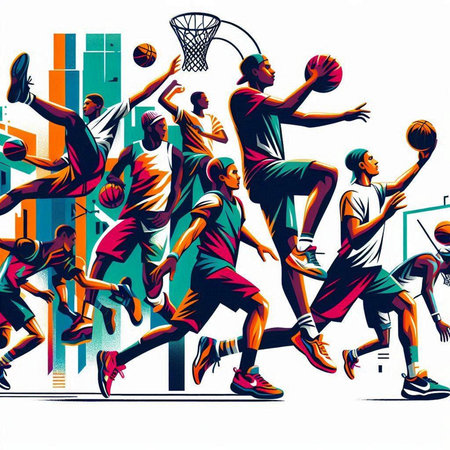 Basketball players in action. Vector illustration. Colorful background.
