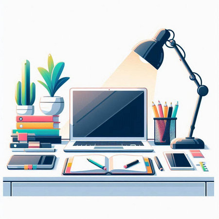 Workplace with a laptop, a lamp, a potted plant and other items. Vector illustration.のイラスト素材
