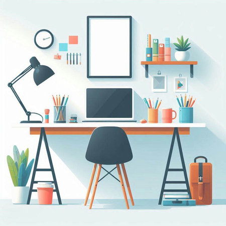 Workplace with computer, table, chair, books and accessories. Flat style vector illustration.のイラスト素材