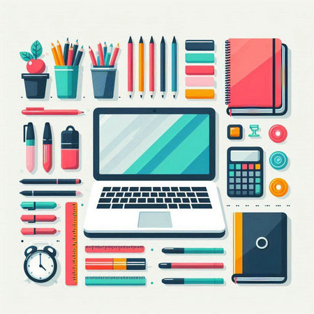 Flat design modern vector illustration concept of education and school supplies. Laptop, notebook, pencils, pens, eraser, ruler, calculator, eraser, eraser, pencil sharpener.のイラスト素材
