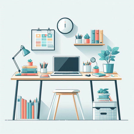 Workplace with computer, books, stationery and plants. Vector illustrationのイラスト素材