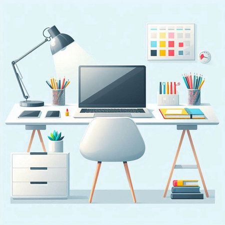 Modern workplace. Workplace with computer, bookshelf, lamp and plant. Flat vector illustrationのイラスト素材