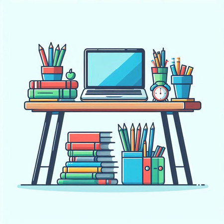Laptop, books and stationery on the table. Vector illustrationのイラスト素材